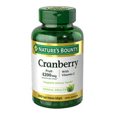 Nature's Bounty Cranberry softgels bottle showing 4200 mg potency with Vitamin C for urinary health.
