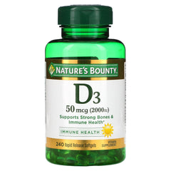 Nature's Bounty D3-2000 IU softgels bottle promotes bone support and general wellness.