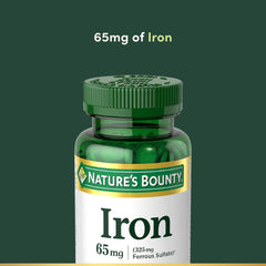 Nature’s Bounty Ferrous Sulfate bottle close-up; daily iron source.