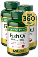 Nature's Bounty Fish Oil bottle shows 1200 mg and focus on heart and joint wellness.