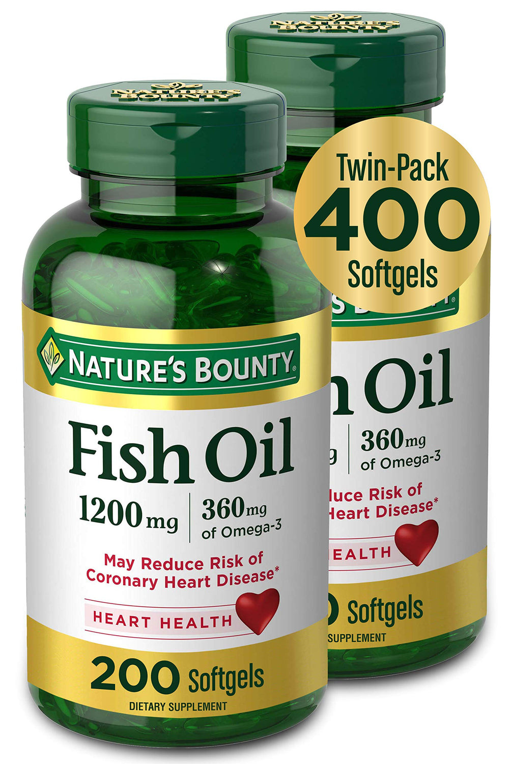 Nature's Bounty Fish Oil softgels bottle with odor-free omega-3 capsules for daily heart support