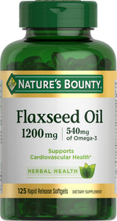 Nature's Bounty flaxseed oil softgels bottle showing omega-3 support for heart health