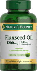 Nature's Bounty flaxseed oil softgels bottle showing omega-3 support for heart health