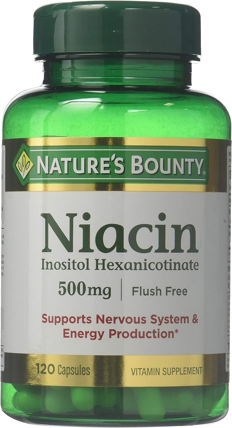 Nature's Bounty flush-free niacin 500 mg bottle front view for daily intake and heart support.