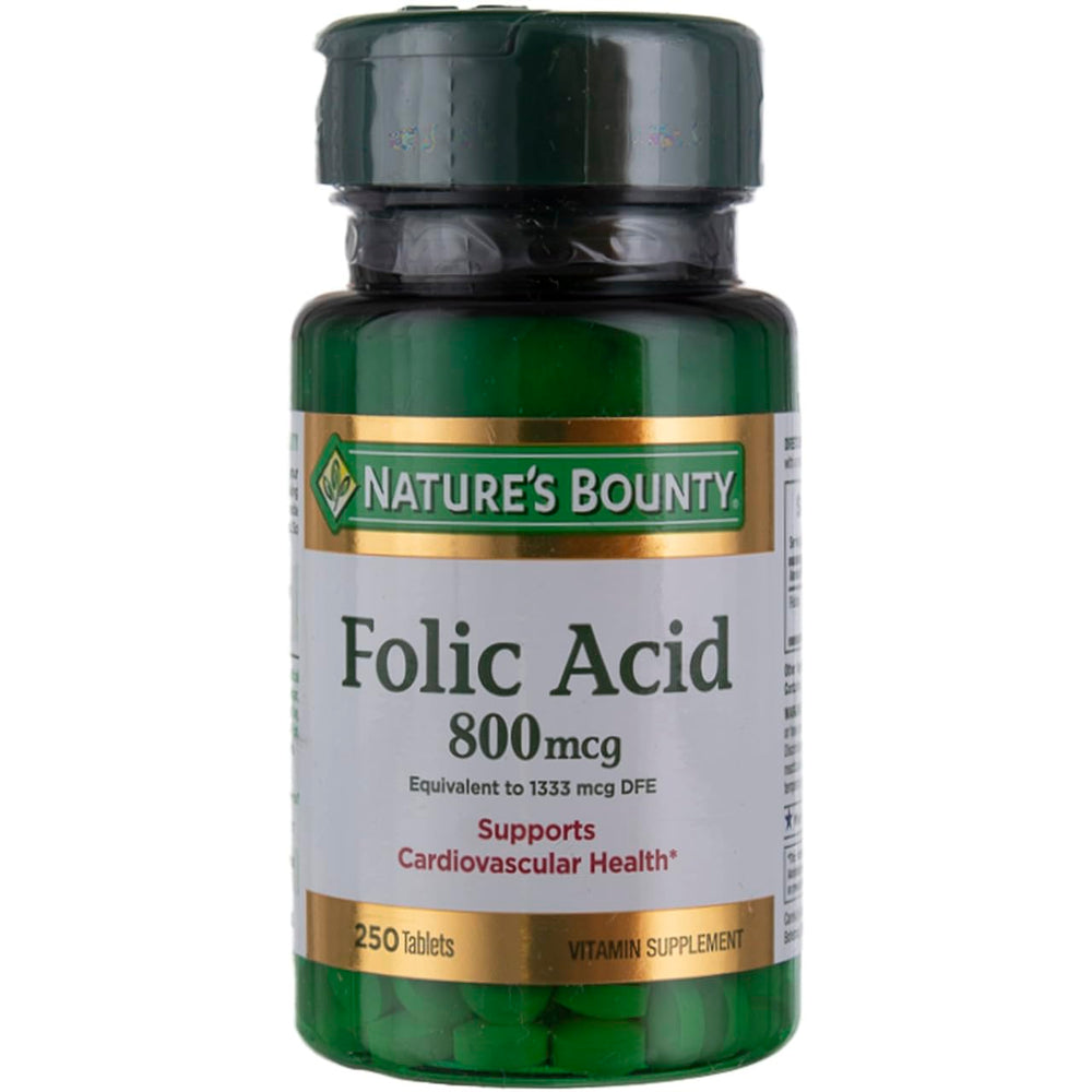 Nature's Bounty folic acid bottle front showing 800mcg strength for daily support