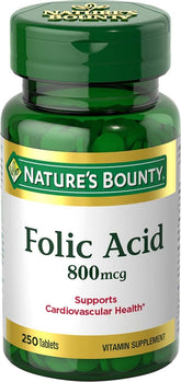 Nature's Bounty folic acid 800 mcg bottle front highlighting product identity and health focus.