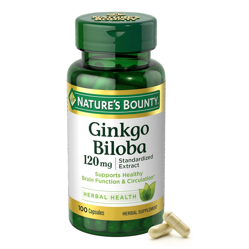 Nature's Bounty Ginkgo Biloba en empaque, cápsulas para claridad mental.