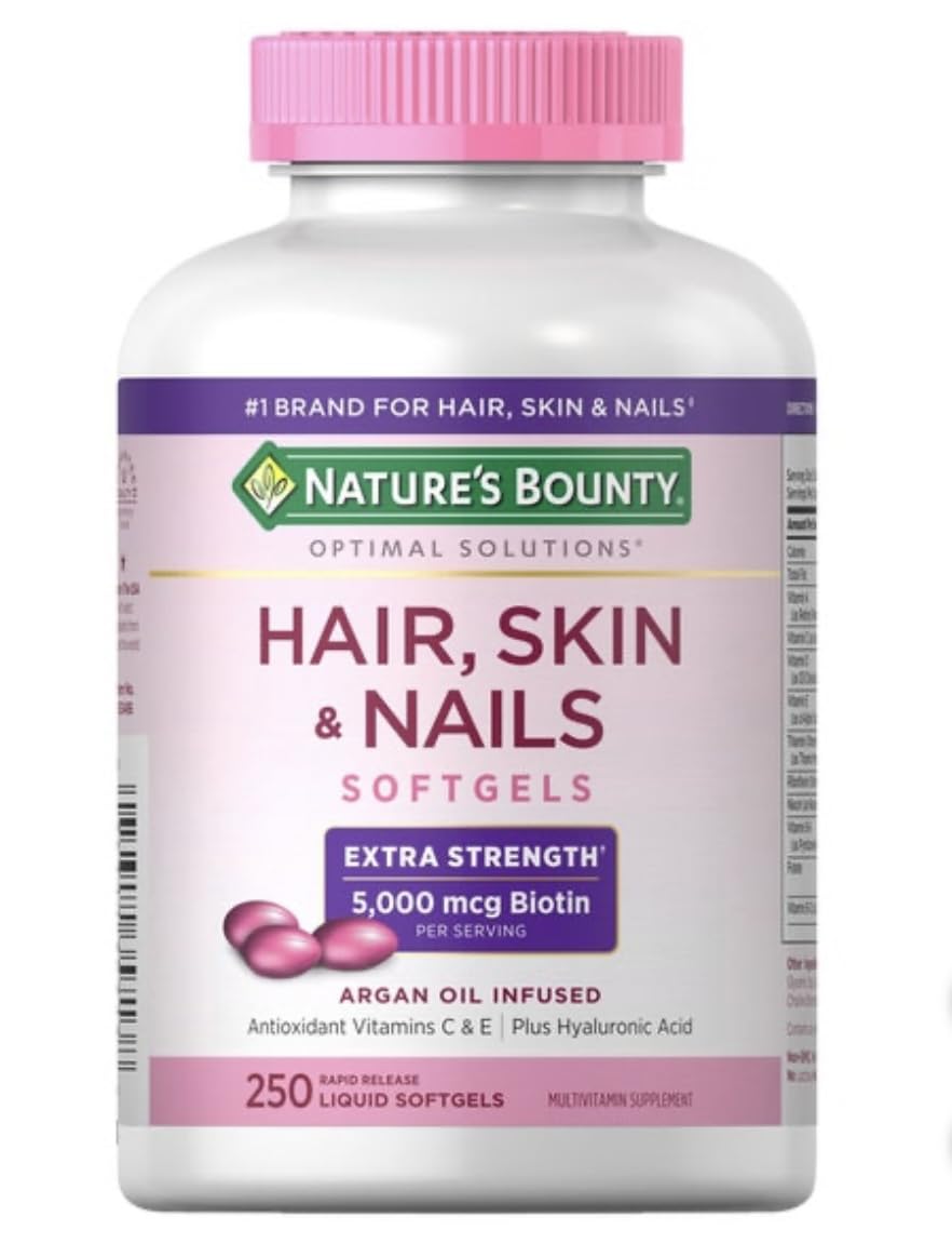 Nature's Bounty Hair, Skin & Nails bottle label showing ingredients and benefits
