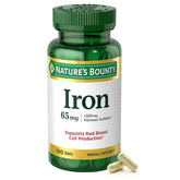Nature’s Bounty Iron 65 mg tablet on the label; supports normal red blood cell production.