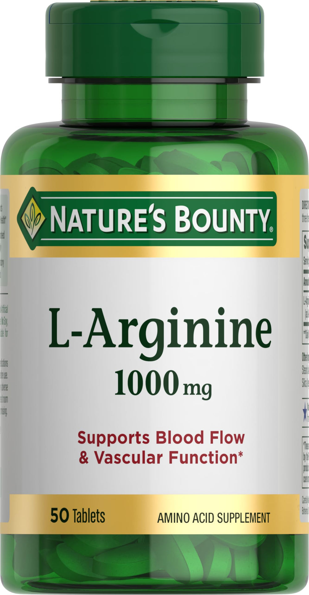 Nature's Bounty L-Arginine bottle-front showing non-GMO, gluten-free packaging for daily use