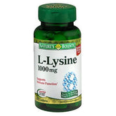 Nature's Bounty L-Lysine 1000 mg tablets bottle front, signaling immune support.