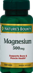 Nature's Bounty Magnesium 500 mg bottle back, non-GMO and vegetarian-friendly formulation.