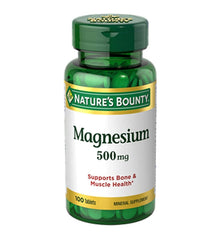 Nature's Bounty Magnesium 500 mg tablets on bottle front, supports daily muscle function and bone health.