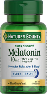 Nature's Bounty Melatonin 10mg bottle label promotes calm, ready for bedtime.