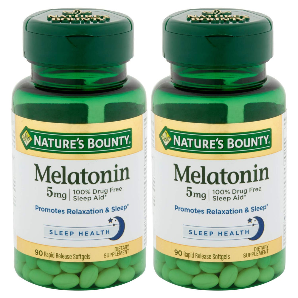 Nature's Bounty Melatonin 5mg softgels bottle supports calm, restful evenings