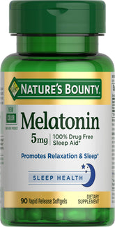 Nature's Bounty Melatonin 90 softgels bottle shown for nightly sleep support and relaxation.