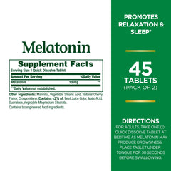 Nature's Bounty Melatonin Quick Dissolve packaging shows a 45-count pack for convenient sleep support.