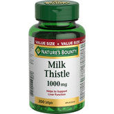 Nature's Bounty Milk Thistle bottle front showing value size may support liver function.