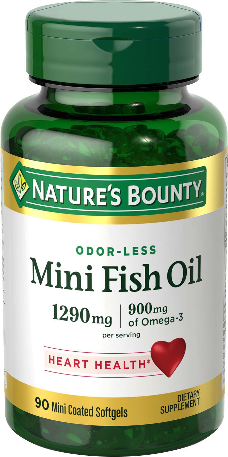 Nature's Bounty Mini Fish Oil bottle front promotes burpless heart health support.