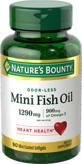 Nature's Bounty Mini Fish Oil bottle front promotes burpless heart health support.