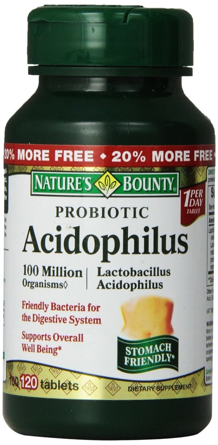 Nature's Bounty probiotic acidophilus tablets front view for daily digestive support.