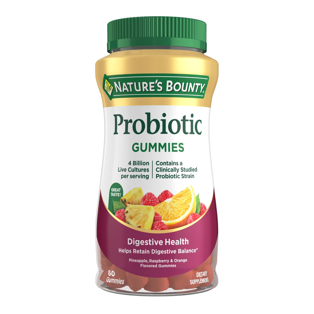 Nature's Bounty Probiotic Gummies bottle shows a convenient daily probiotic for digestion.