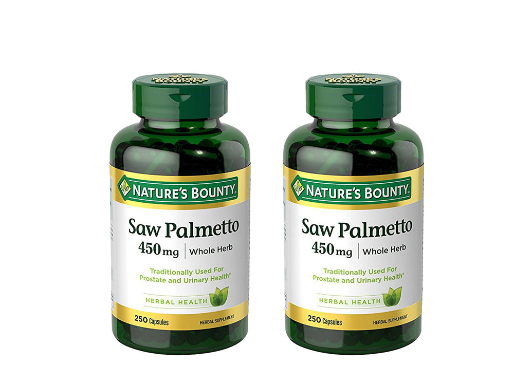 Nature's Bounty Saw Palmetto bottle with 450 mg capsules for traditional urinary health.
