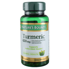 Nature's Bounty Turmeric 450 mg bottle with capsules for daily antioxidant support.