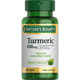 Nature's Bounty turmeric capsules bottle close-up highlighting antioxidant support.
