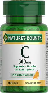Nature's Bounty Vitamin C tablets bottle front view highlighting 500mg immune support.