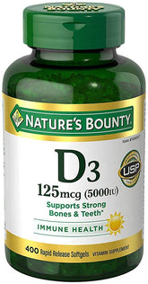 Nature's Bounty Vitamin D3 5000 IU bottle with rapid-release softgels for daily immune support.