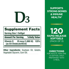 Close-up of Nature's Bounty D3 bottle label highlighting 1000IU dosage.