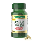 Nature’s Bounty Vitamin D3 K2 bottle front highlighting bone and immune support