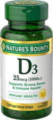 Nature's Bounty Vitamin D3 softgels bottle showing the product for immune and bone support.