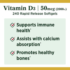 Nature's Bounty Vitamin D3 softgels being poured for simple daily supplementation.