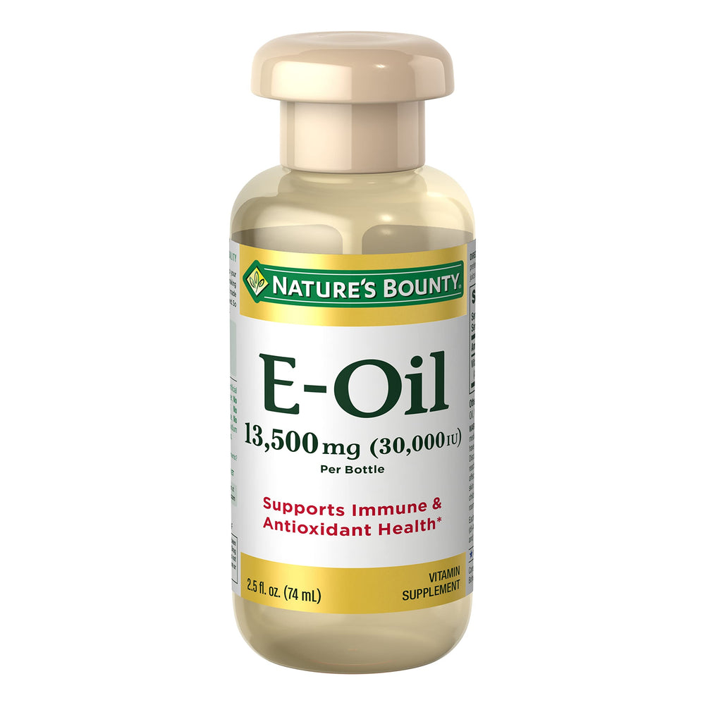 Nature’s Bounty Vitamin E Oil bottle highlighting 30,000 IU for skin moisture.