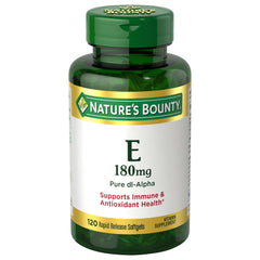 Nature's Bounty Vitamin E softgels bottle close-up highlighting pure dl-alpha formulation.
