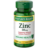 Nature's Bounty Zinc 50 mg caplets in a bottle, unflavored, for daily use.