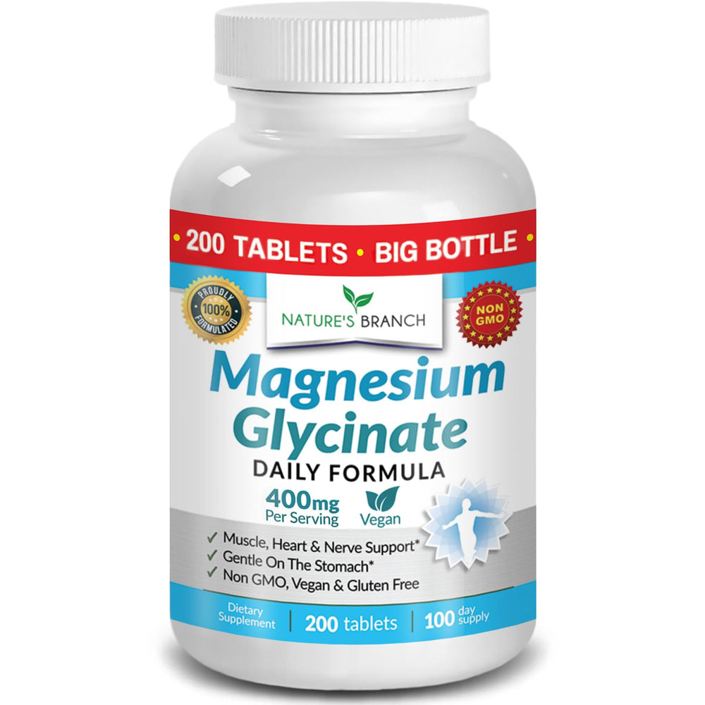 Nature's Branch Magnesium Glycinate 400mg bottle front for daily wellness.