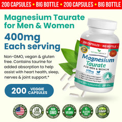 Closeup of Nature's Branch Magnesium Taurate 400mg capsules for easy daily use