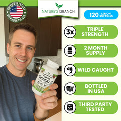 Nature's Branch lemon-flavored burpless softgels closeup for easy swallowing.