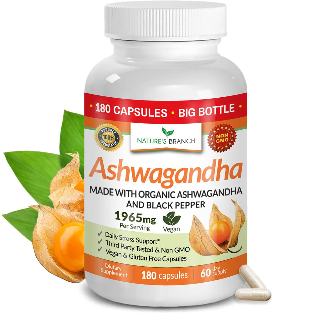 Nature's Branch UDAF Ashwagandha bottle with verified organic formula for stress support.