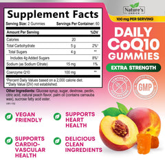 Close-up of Nature's Choice CoQ10 gummies showing chewy peach texture for daily use.