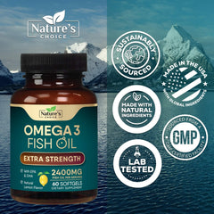 Nature's Choice Omega 3 glass bottle on desk for daily routine