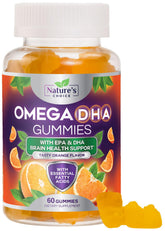 Nature's Choice Omega3 Gummies orange bottle shows bright flavor and easy daily use for heart and brain support