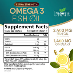 Nature's Choice Omega 3 softgels closeup, burpless daily capsules