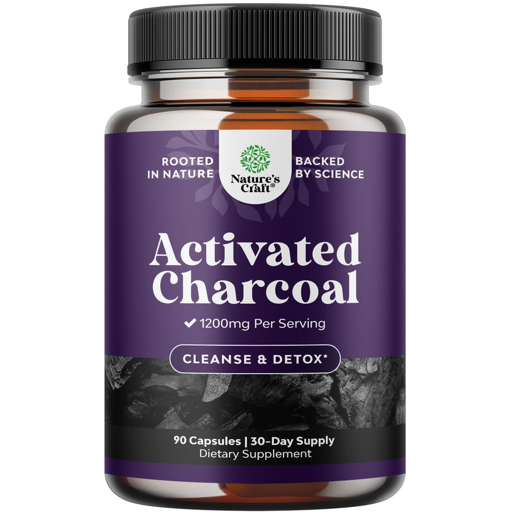Natures Craft activated charcoal pills bottle showcases detox support and daily gut comfort.