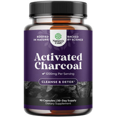 Natures Craft activated charcoal pills bottle showcases detox support and daily gut comfort.