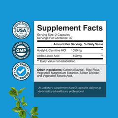 Closeup of Nature's Craft ALA-ALC capsules highlighting metabolism and mental clarity.