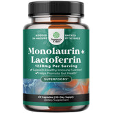 Natures Craft bottle front view showing high strength lactoferrin and monolaurin for gut support